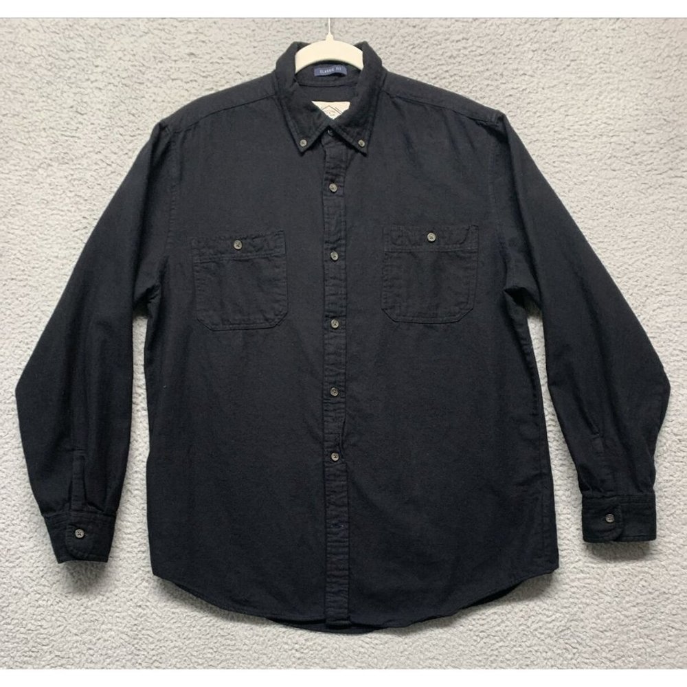 St John’s Bay Button Shirt Men’s L Blk Long Sleeve Classic Fit 2 Pockets Flannel